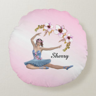 Ballerina in Blue Personal Name op Pink Rond Kussen