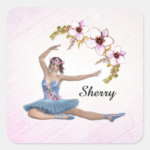Ballerina in Blue Personal Name op Pink Vierkante Sticker