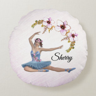 Ballerina in Blue Personal Name Pink Rond Kussen