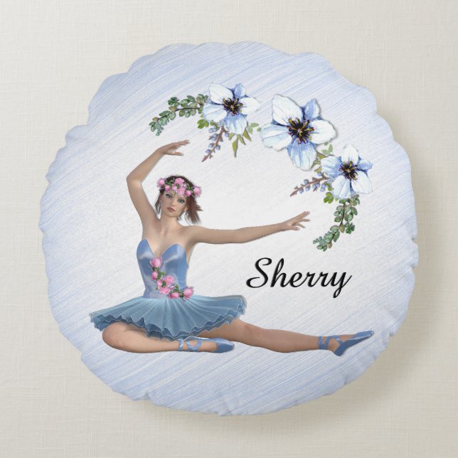 Ballerina in Blue Personal Name Rond Kussen (Voorkant)
