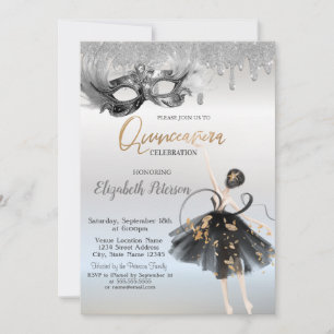 Ballerina Masker Glitterdruppels Zilver Quinceaner Kaart