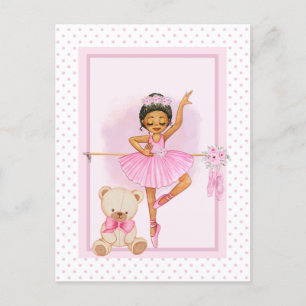Ballerina meisje & teddybeer roze polka stippen briefkaart