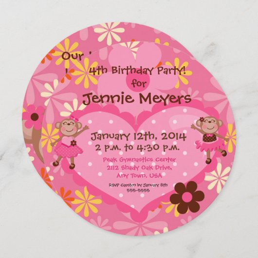 Ballerina Monkeys Custom Round Birthday Invitation Kaart (Voorkant / Achterkant)