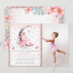 Ballerina Moon Pastel Pink Glitter Birthday Foto Kaart