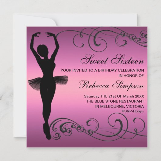 Ballerina noire et rose & Swirl Invitation Anniver (Devant)