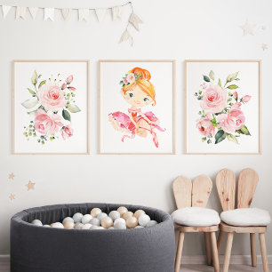 Ballerina, Oranje haar, roze bloemen, meisje kweke Muurkunst Sets