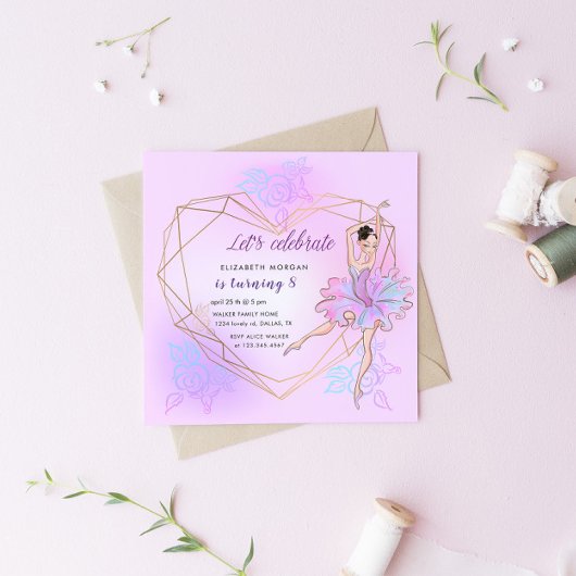  Ballerina Pastel Square verjaardagsuitnodiging