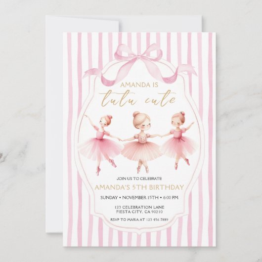  Ballerina Pink Bow Tutu Cute Birthday Invitation (Devant)