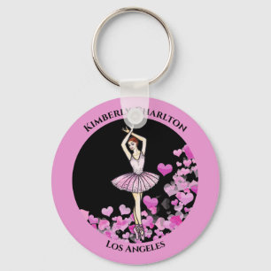 Ballerina Pink Dress met Hearts Black Background Sleutelhanger