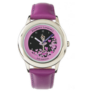 Ballerina Pink Dress on Hearts Black Background Horloge