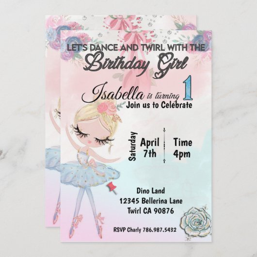 Ballerina Première invitation d'anniversaire (Devant / Derrière)