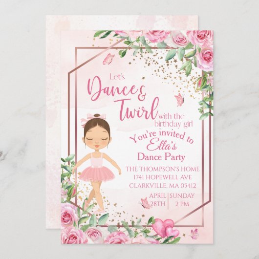 Ballerina rose, Danse, invitation à l'anniversaire (Devant / Derrière)