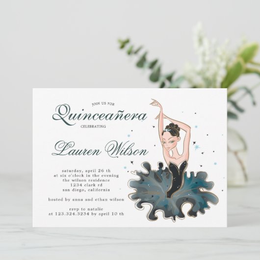 Ballerina smaragd en goud Quinceanera uitnodiging (Staand voorkant)