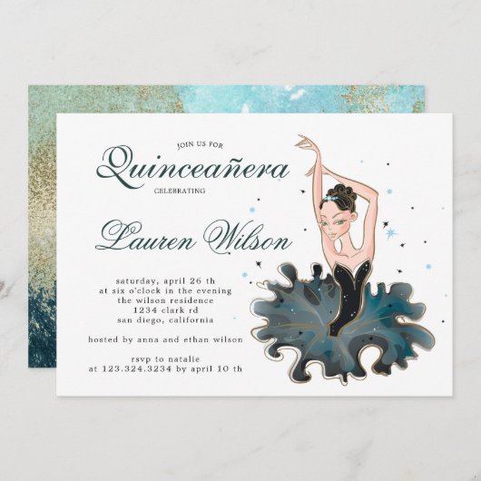 Ballerina smaragd en goud Quinceanera uitnodiging (Voorkant / Achterkant)