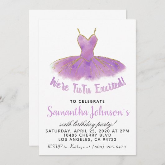 Ballerina TuTu Invitation d'anniversaire (Devant / Derrière)