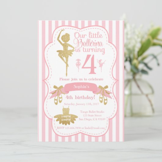 Ballerina verjaardagsuitnodiging in roze en goud kaart (Staand voorkant)