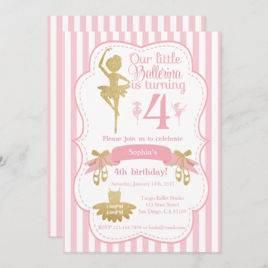 Ballerina verjaardagsuitnodiging in roze en goud kaart (Voorkant / Achterkant)
