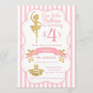 Ballerina verjaardagsuitnodiging in roze en goud kaart