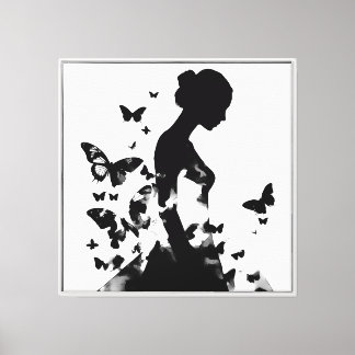 Ballerina & Vlinders Silhouet Monochroom Canvas Afdruk