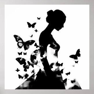 Ballerina & Vlinders Silhouet Zwart & Wit  Poster