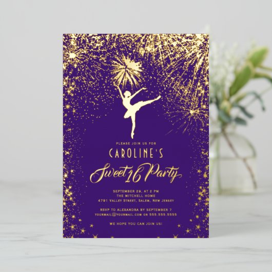 Ballerina Vuurwerk Elegant Zoete 16 Paars Goud Folie Uitnodiging (Staand Voorkant)