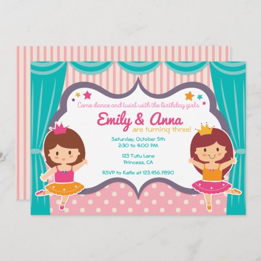 Ballerina zuster tweeling verjaardagsfeestje uitno kaart (Voorkant / Achterkant)