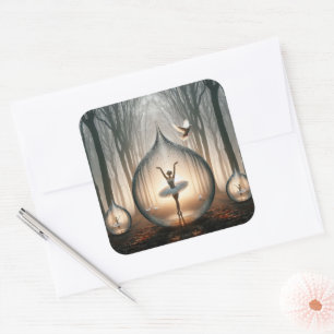 Ballerina's dansen in waterdruppels in bos vierkante sticker