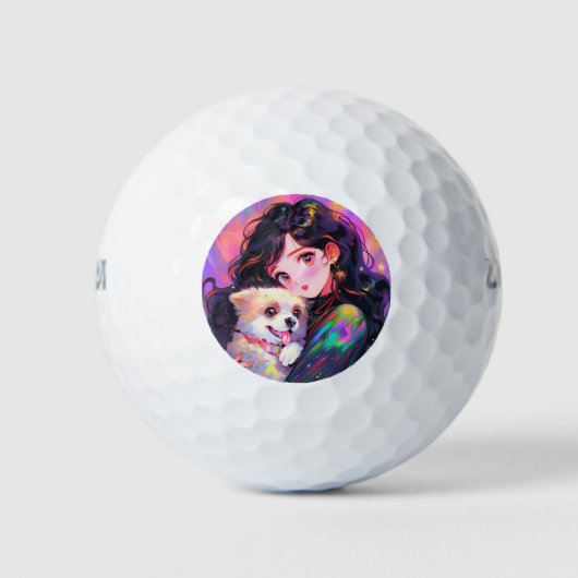 Balles De Golf Adorable Fille d'Anime Rétro & Son Chien (Devant)