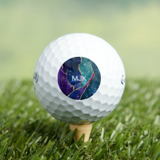 Balles De Golf Agate Bleu Violet Aqua Veines Or Monogramme (T-shirt Insitu)