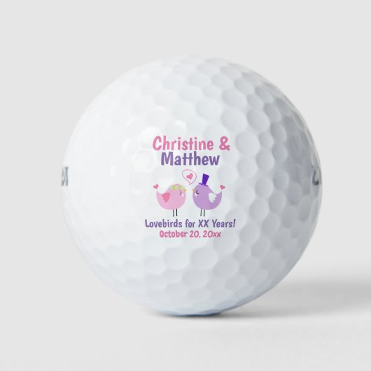 Balles De Golf Anniversaire des Lovebirds de dessin animé rose et (Devant)