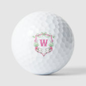 Balles De Golf Aquarelle Pink & Green Golf Panier Monogram Crest (Recto)