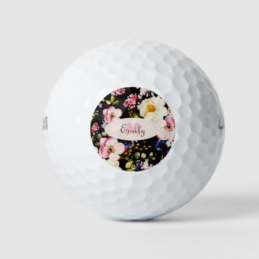 Balles De Golf Aquarelle rose Roses jaunes sur noir, Monogramme (Devant)