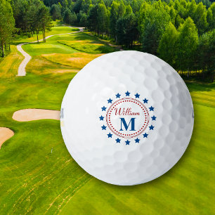 Balles De Golf Blue Stars Monogramme Rouge