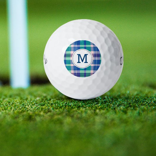 Balles De Golf Boules de golf Monogrammed Preppy PInk Plaid Bleu