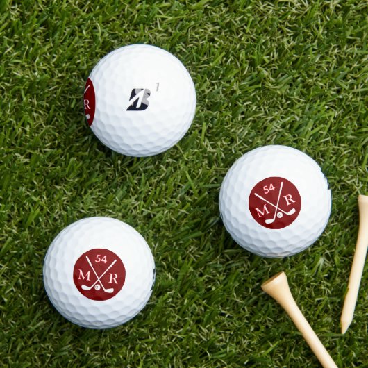 Balles De Golf Clubs croisés et Initiales de Golfeur rouge (Herbe in situ)