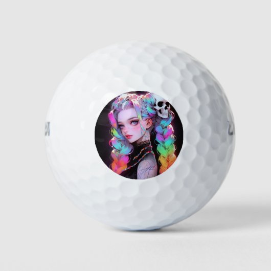 Balles De Golf Cute Punk Rock Skull Goth Rainbow Braid Anime Girl (Devant)