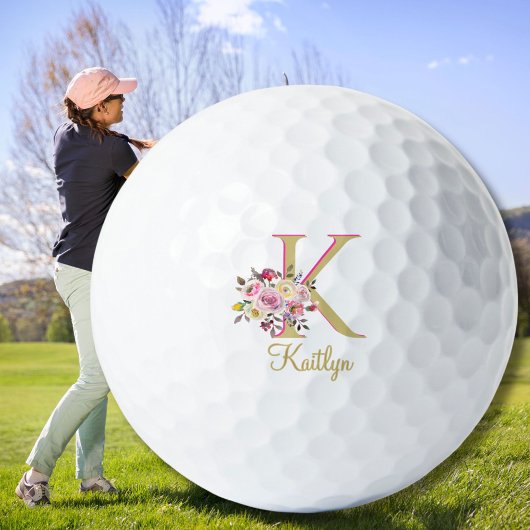 Balles De Golf Élégant Floral Or rose Personnalisé Monogramme Nom