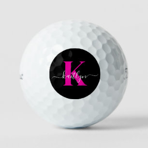 Balles De Golf Élégant Noir Hot Rose Script Monogramme