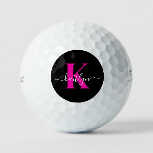 Balles De Golf Élégant Noir Hot Rose Script Monogramme (Recto)