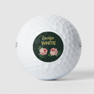 Balles De Golf Fleur rose et feuilles sur vert foncé