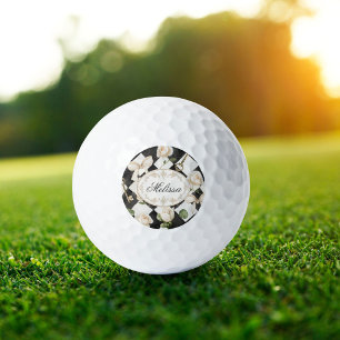 Balles De Golf Fleurs de rose vintage en diamant noir et blanc Mo