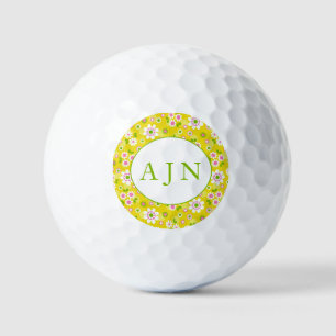 Balles De Golf Fleurs rétro mod jaunes et blanches avec monogramm