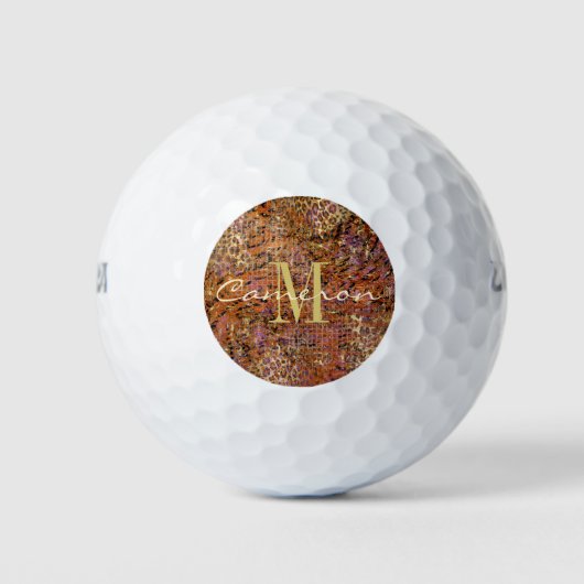 Balles De Golf Initiale de monogramme doré et nom sur peau de léo (Devant)