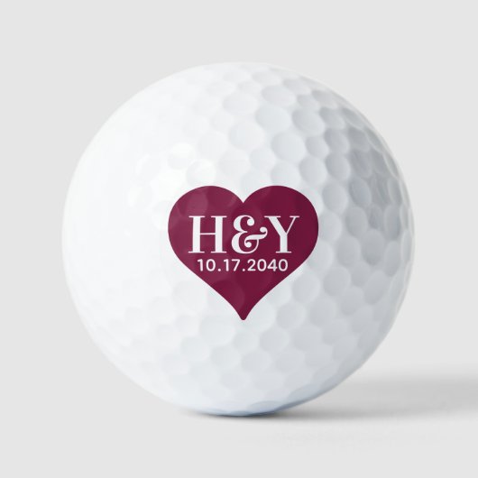Balles De Golf Initiales du mariage Monogramme Date Coeur rouge (Recto)