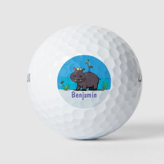 Balles De Golf Ippopotame drôle mignon avec dessin animé d'oiseau (Devant)