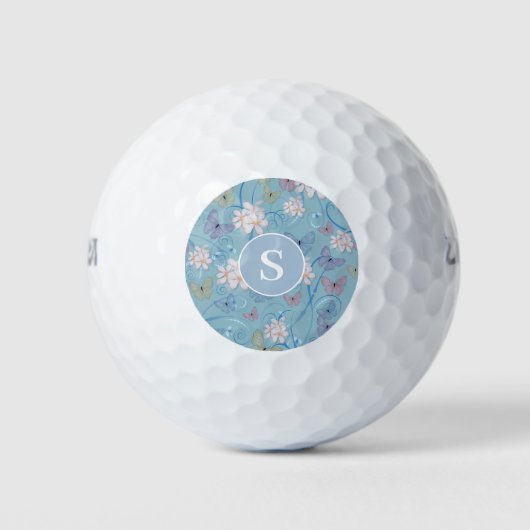 Balles De Golf Joli papillon bleu monogramme floral (Devant)
