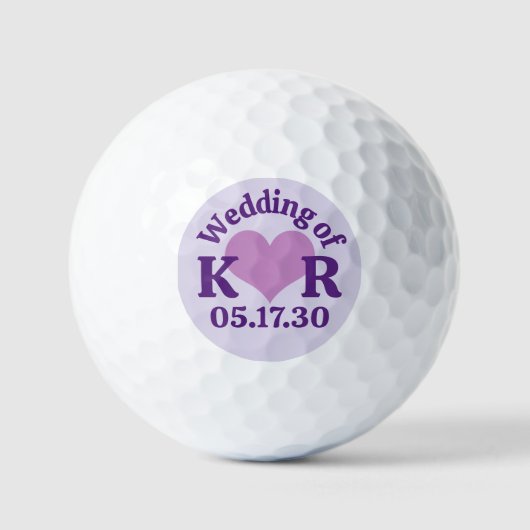 Balles De Golf LE MARIAGE DE Cœur Violet & Initiales de Monogramm (Recto)