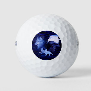 Balles De Golf Loups et corbeau avec pleine lune