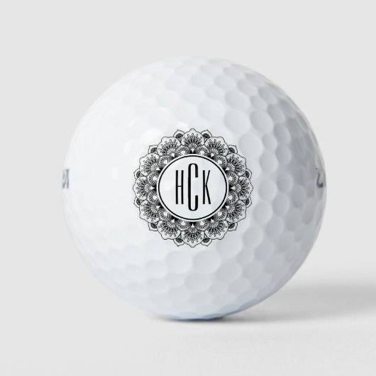 Balles De Golf Mandala orné noir et blanc monogramme (Devant)