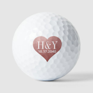 Balles De Golf Mariage Date initiale Rose Gold Pink Heart